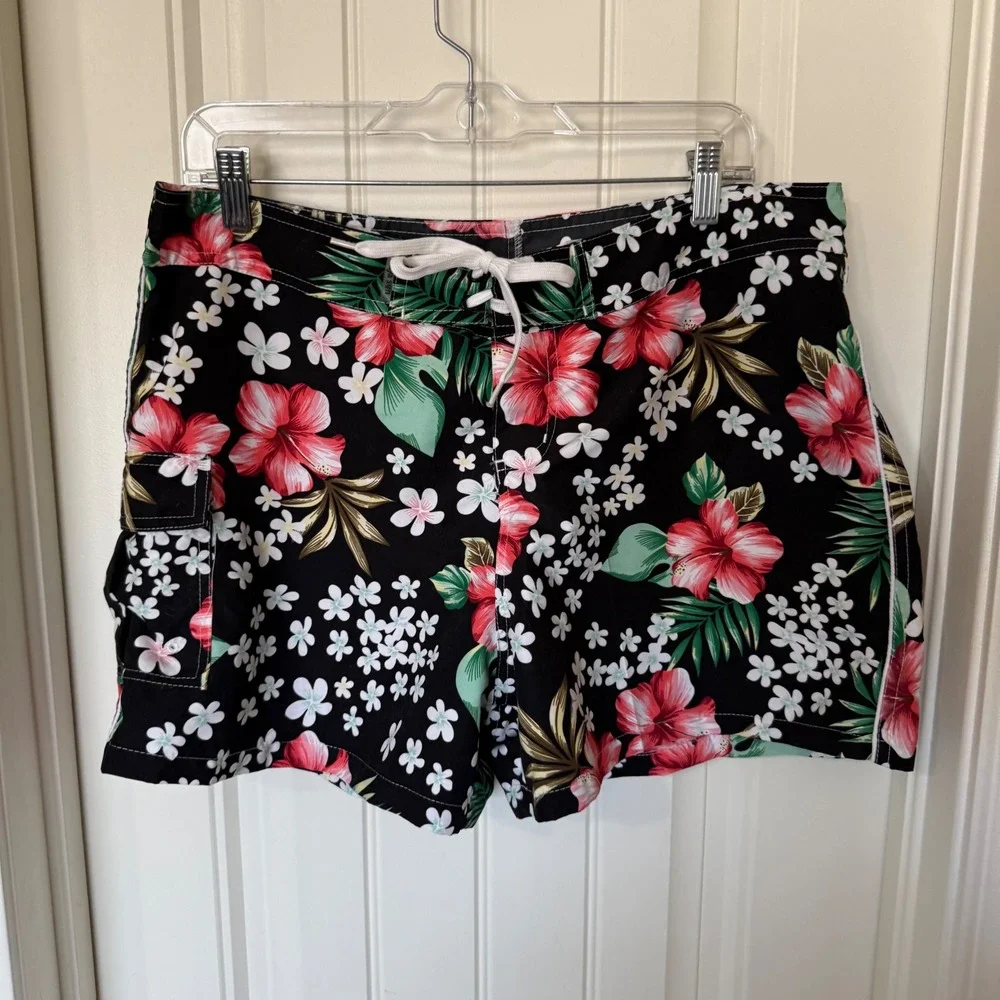 Raya Sun Board Shorts Women‎ XL Black Red Hibiscus Tropical Floral Cargo Pocket